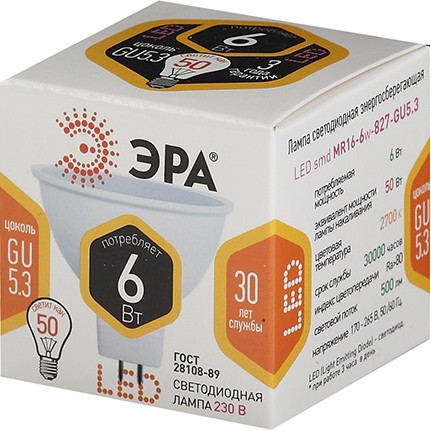 Лампа светодиодная Эра GU5.3 6W 2700K LED MR16-6W-827-GU5.3 Б0020542 Лампа светодиодная Эра GU5.3 6W 2700K LED MR16-6W-827-GU5.3 Б0020542