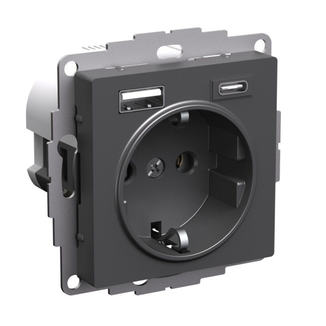 Розетка 16А с 2 USB A+C, 5В/2,4А/3,0А, 2х5В/1,5А, Systeme Electric AtlasDesign Базальт ATN001432