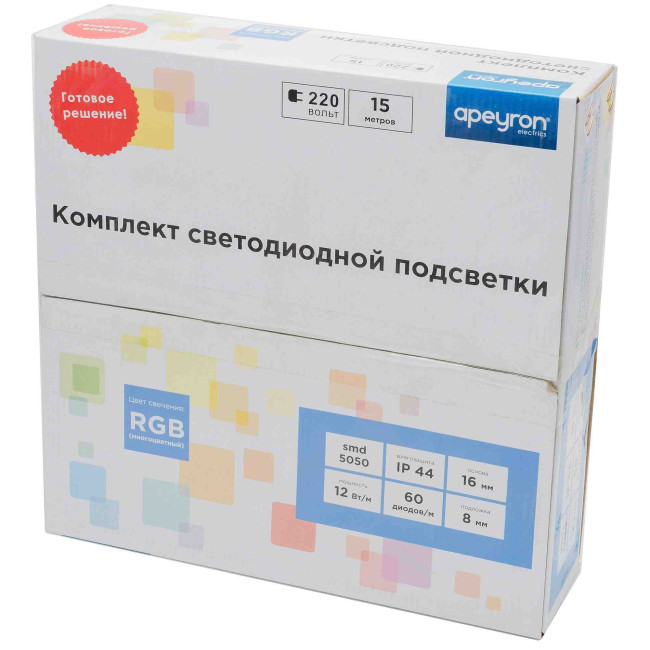 Светодиодная лента Apeyron 220В 12Вт/м smd5050 60д/м IP65 аксессуарами RGB 10-51 Светодиодная лента Apeyron 220В 12Вт/м smd5050 60д/м IP65 аксессуарами RGB 10-51