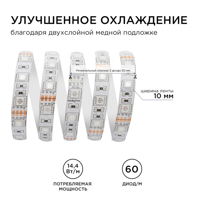 Светодиодная лента Apeyron 12В 14,4Вт/м smd5050 60д/м IP65 1м RGB 260BL Светодиодная лента Apeyron 12В 14,4Вт/м smd5050 60д/м IP65 1м RGB 260BL